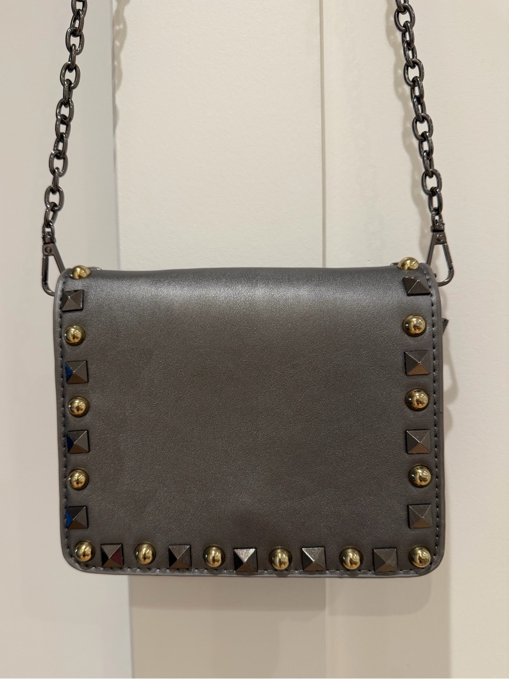 Grey Studded Chain Shoulder Bag